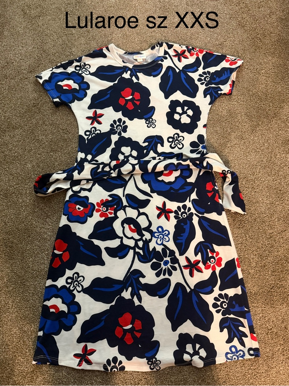 LuLaRoe  women’s Floral Tie-Waist Dress in Navy, Red & White - XXS